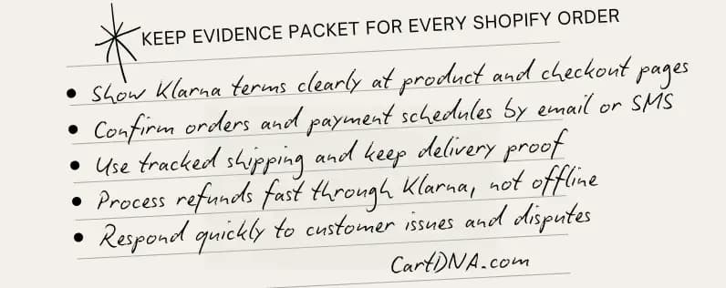 Klarna evidence packet checklist for Shopify merchants - invoice, tracking, delivery confirmation and policy proof