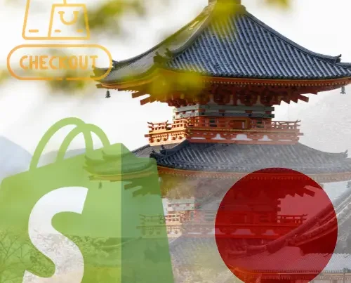 A promotional graphic featuring a traditional Japanese pagoda and cherry blossoms. In the foreground, a large semi-transparent green Shopify "S" shopping bag logo is on the left, and a solid red circle representing the Japanese flag is on the right. In the top left corner, there is an orange outline icon of shopping bags with a "CHECKOUT" button below it.