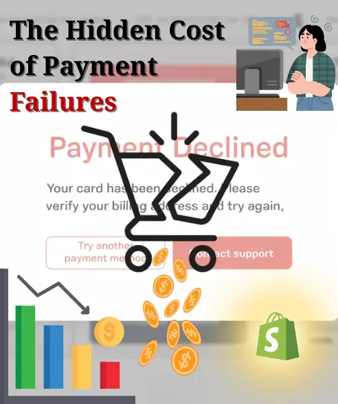 An infographic titled "The Hidden Cost of Payment Failures" featuring a frustrated person at a computer. In the center, a broken shopping cart icon is positioned over a blurred "Payment Declined" notification, with gold coins falling out of the break. The image also includes a downward-trending bar graph and a glowing Shopify logo in the bottom right corner.