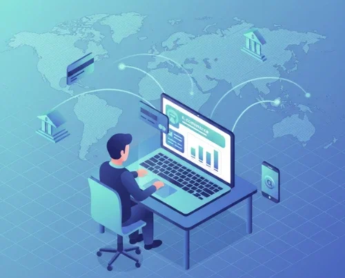 Isometric illustration of a professional using a global e-commerce dashboard, featuring a world map with connecting lines and floating payment icons in a blue and teal fintech style.