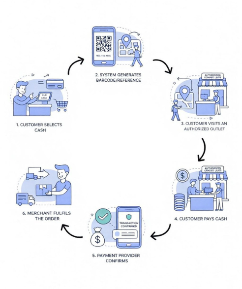 A six-step infographic showing a cash payment process: 1. Customer selects cash; 2. System generates a barcode; 3. Customer visits an authorized outlet; 4. Customer pays cash; 5. Payment provider confirms; 6. Merchant fulfills the order.