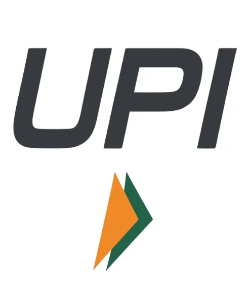 The Unified Payments Interface (UPI) logo, consisting of the letters "UPI" in a bold, dark grey italicized font. Below the text are two overlapping triangular arrow shapes, one in orange and one in green, pointing upward and to the right.