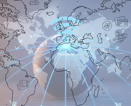 A digital illustration of a world map and globe centered on Africa and Europe, labeled "ORIGIN COUNTRY." Glowing blue lines radiate from the center to various continents, connecting to small white shopping cart icons. Simple black line icons representing payment methods—such as credit cards, currency, and receipts—are scattered across the map.
