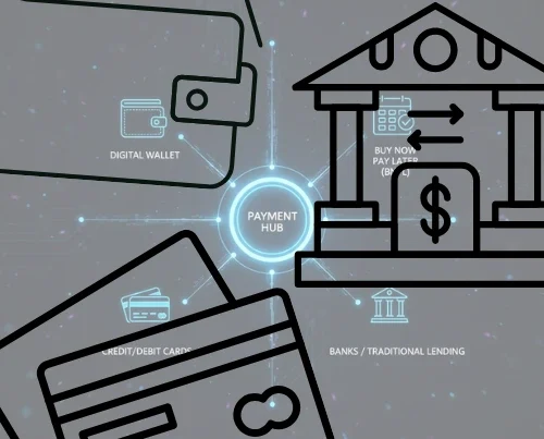 A conceptual infographic illustrating a central Payment Hub that serves as a digital node connecting various financial streams. Glowing blue circuit-like lines radiate from this central hub toward four distinct categories of payment methods: Digital Wallet in the top left, Buy Now Pay Later (BNPL) represented by a large bank building with exchange arrows in the top right, Credit/Debit Cards in the bottom left, and Banks / Traditional Lending in the bottom right. The design uses a dark, tech-inspired background with faint light particles to emphasize the interconnected nature of a modern payment ecosystem.