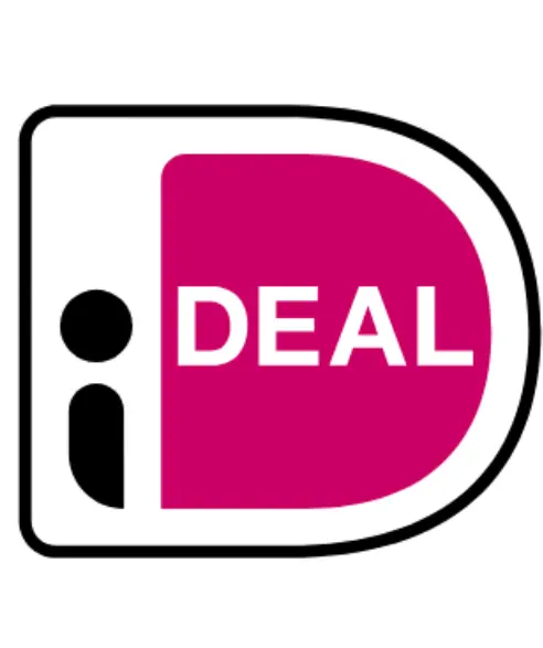 The iDEAL payment logo, consisting of a stylized black lowercase "i" to the left of a pink rounded shape containing the word "DEAL" in white capital letters. The entire logo is enclosed in a black-outlined box with rounded right-side corners.