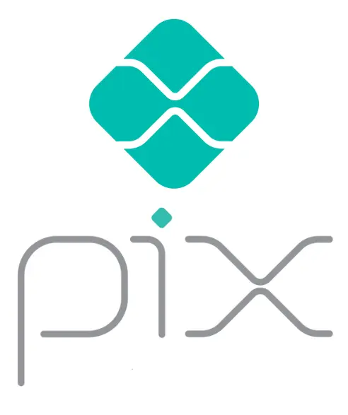 The Pix payment logo, featuring a teal diamond shape with a white "X" formed by curved cutouts in the center. Below the icon, the word "pix" is written in a thin, grey, lowercase font, with a small teal diamond dotting the letter "i."