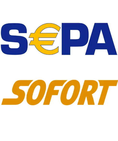 the top logo is for "SEPA," featuring a blue "S," "P," and "A" with a yellow Euro symbol (€) acting as the letter "E." The bottom logo is the word "SOFORT" in a bold, italicized orange font.