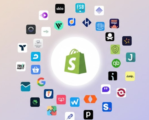A Shopify shopping bag icon sits in a glowing white circle at the center, surrounded by a diverse ring of various e-commerce and software app logos. The entire composition is set against a soft, pastel-gradient background of purple and tan.
