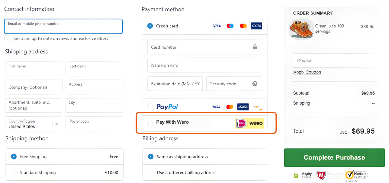 Pagina di Checkout Shopify con Opzione di Pagamento Wero